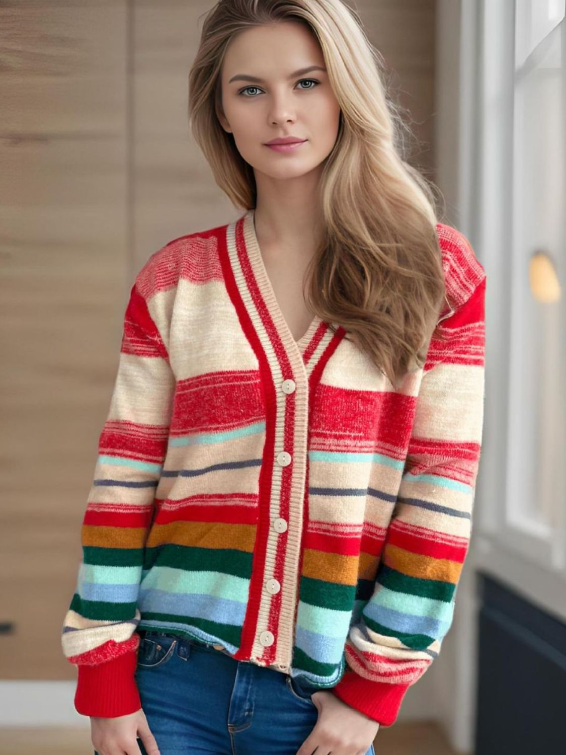 Striped Button Down V-Neck Long Sleeve Cardigan-TOPS / DRESSES-[Adult]-[Female]-Multicolor-One Size-2022 Online Blue Zone Planet