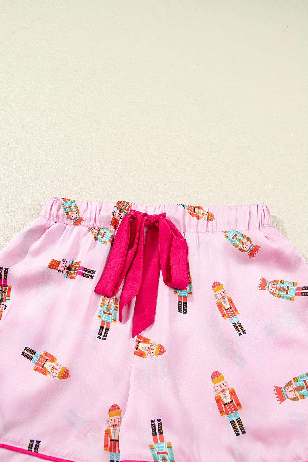 Pink Nutcracker Print Contrast Trim Tied up Bow Silky 2pcs Pajama Set-Loungewear & Sleepwear/Sleepwear-[Adult]-[Female]-2022 Online Blue Zone Planet