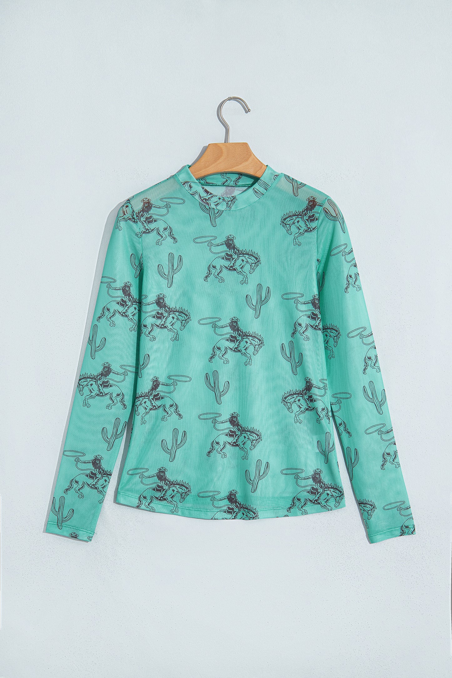 Aruba Blue Western Print High Neck Long Sleeve Sheath Mesh Top-Tops/Long Sleeve Tops-[Adult]-[Female]-2022 Online Blue Zone Planet