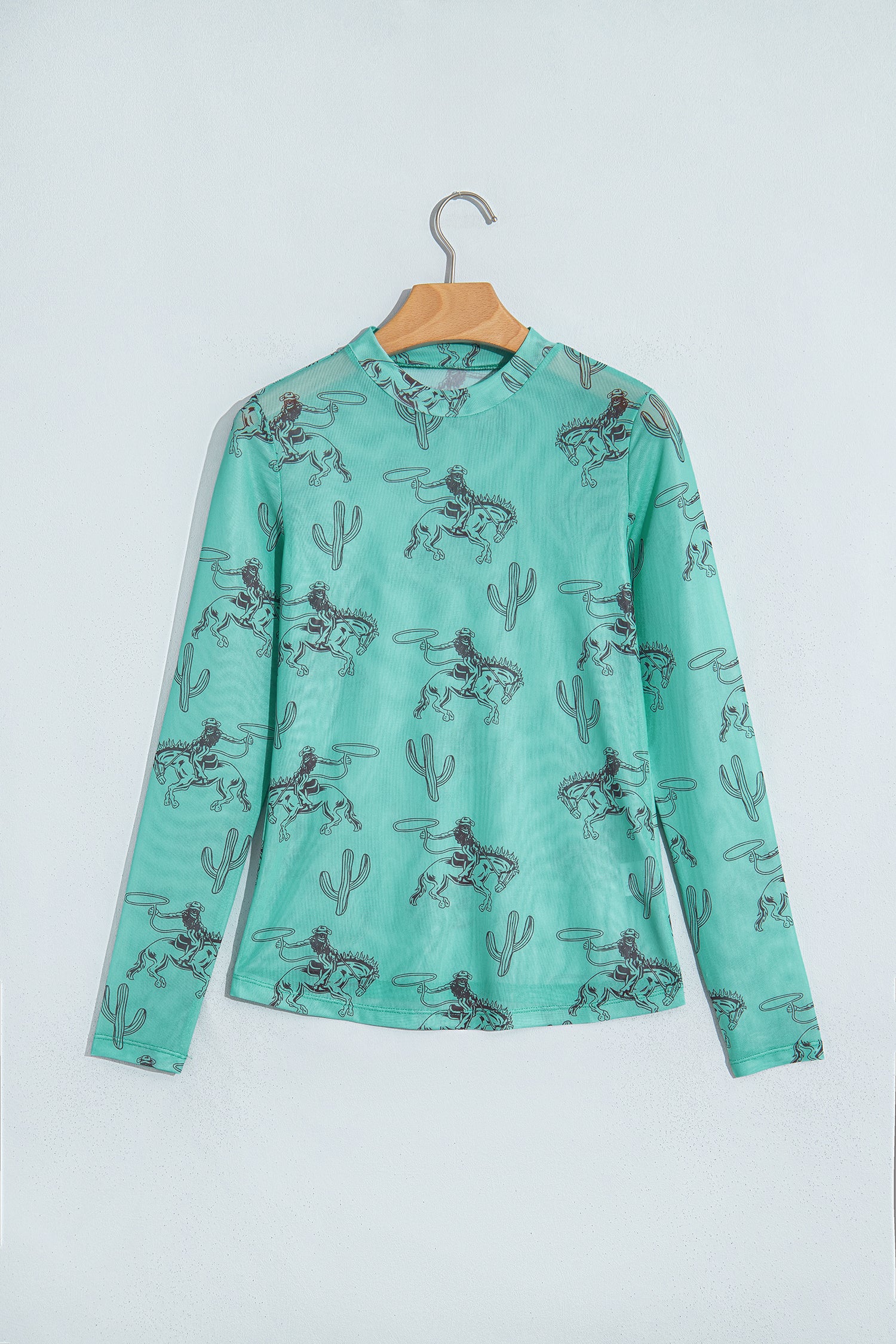 Aruba Blue Western Print High Neck Long Sleeve Sheath Mesh Top-Tops/Long Sleeve Tops-[Adult]-[Female]-2022 Online Blue Zone Planet