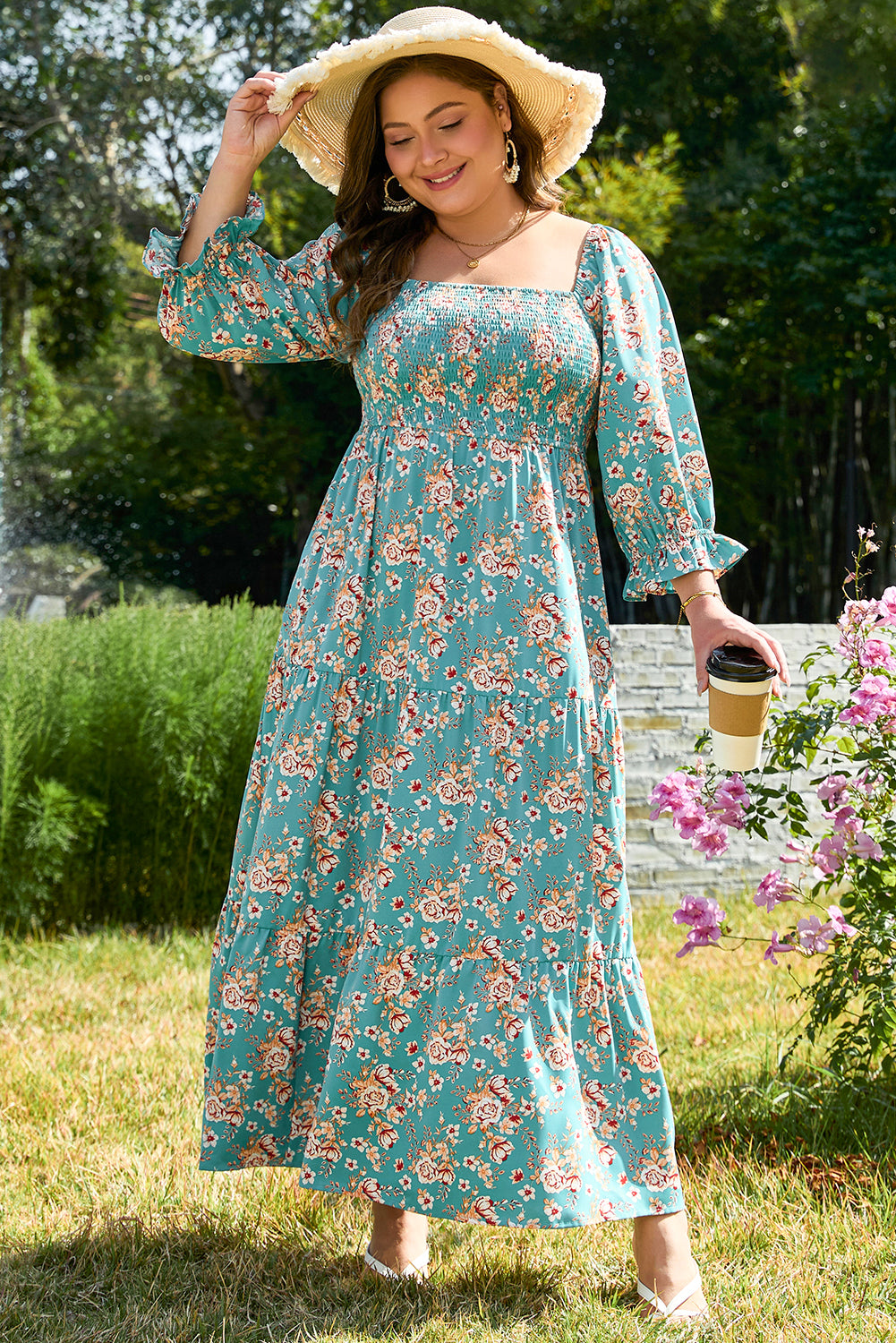 Blue Zone Planet | Green Plus Size Floral Print Square Neck Smocked Maxi Dress-TOPS / DRESSES-[Adult]-[Female]-2022 Online Blue Zone Planet