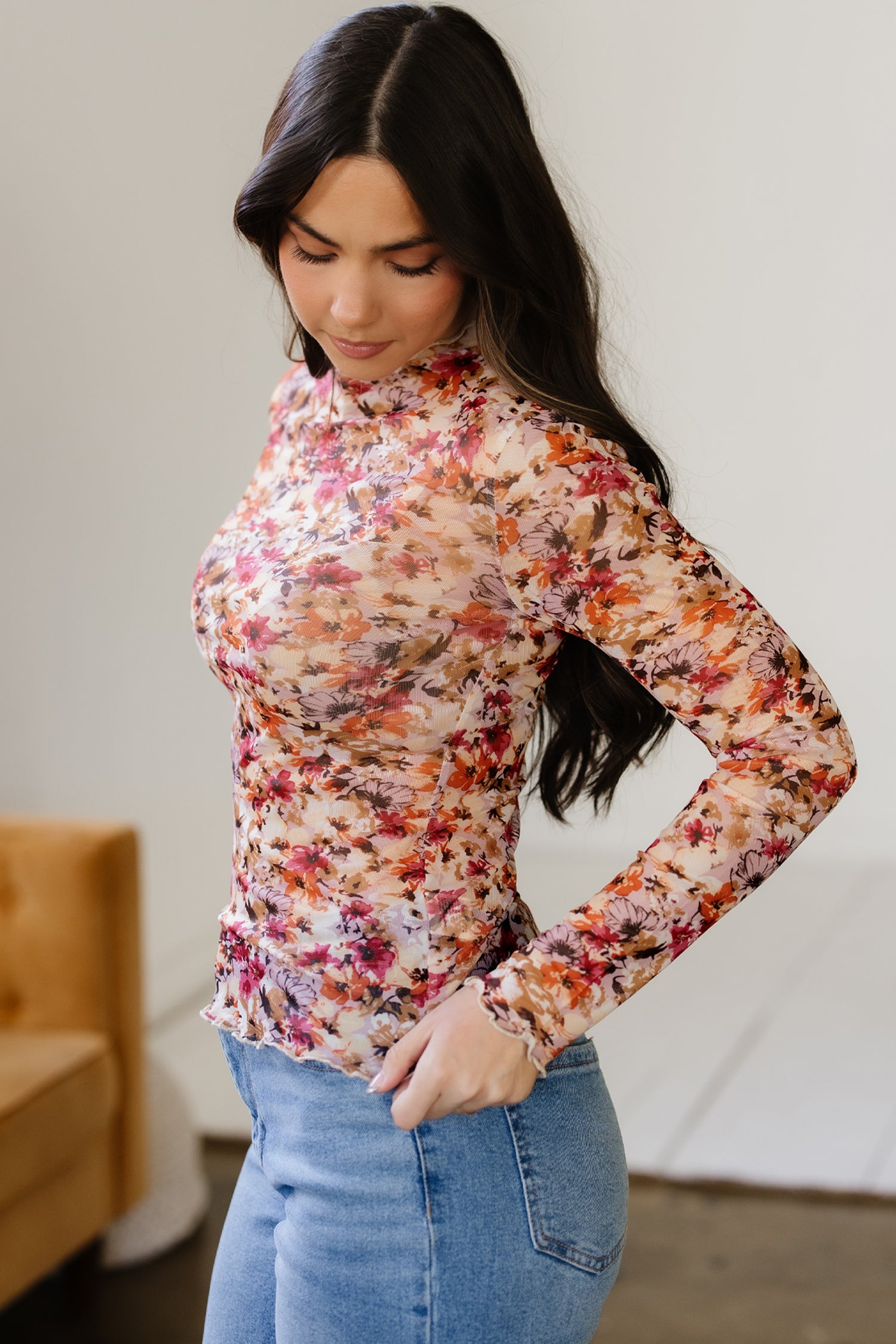 Red Lettuce Trim Floral Print Mesh Long Sleeve Top-Tops/Long Sleeve Tops-[Adult]-[Female]-2022 Online Blue Zone Planet