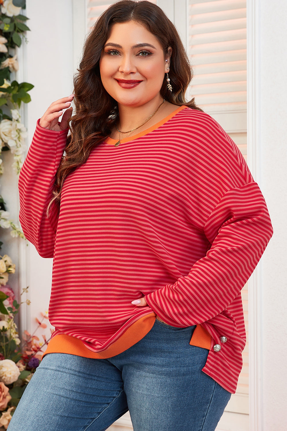 Orange Stripe Plus Size Drop Shoulder Long Sleeve Top-Plus Size Tops-[Adult]-[Female]-2022 Online Blue Zone Planet