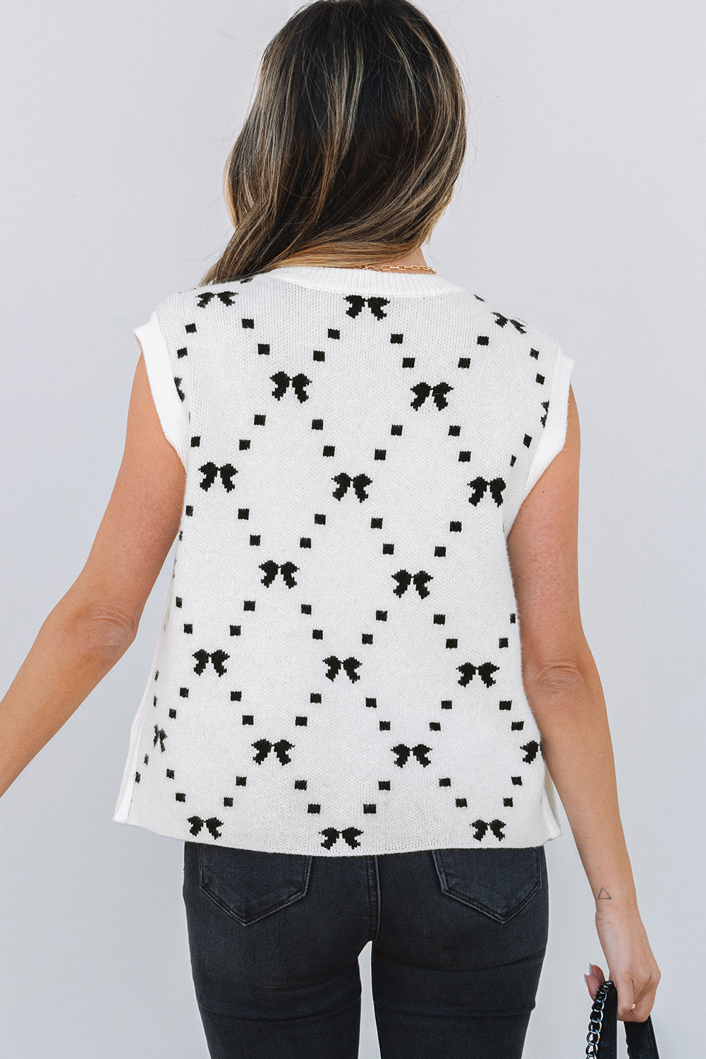 White Bow Pattern Buttoned Side Cropped Sweater Vest-Sweaters & Cardigans/Sweater Vests-[Adult]-[Female]-2022 Online Blue Zone Planet