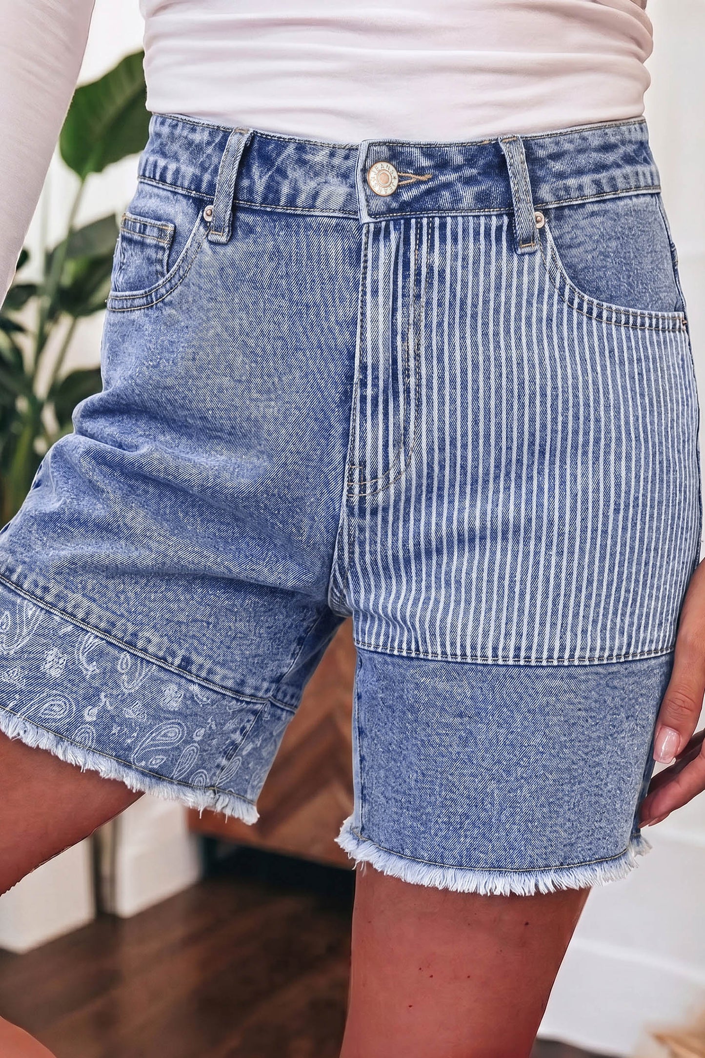 Sky Blue Striped Paisley Mixed Patchwork Raw Hem Denim Shorts-Bottoms/Denim Shorts-[Adult]-[Female]-2022 Online Blue Zone Planet