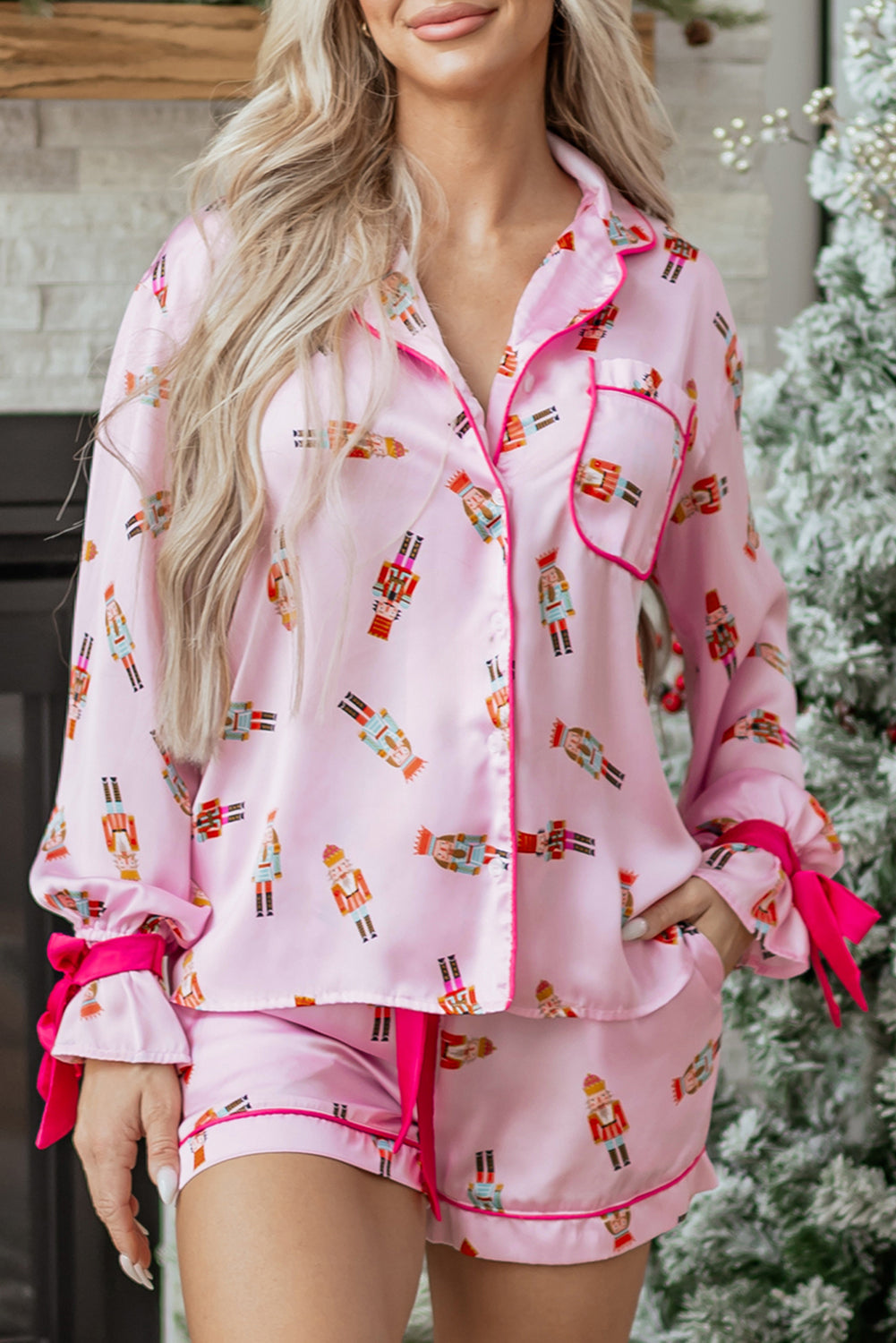 Pink Nutcracker Print Contrast Trim Tied up Bow Silky 2pcs Pajama Set-Loungewear & Sleepwear/Sleepwear-[Adult]-[Female]-2022 Online Blue Zone Planet