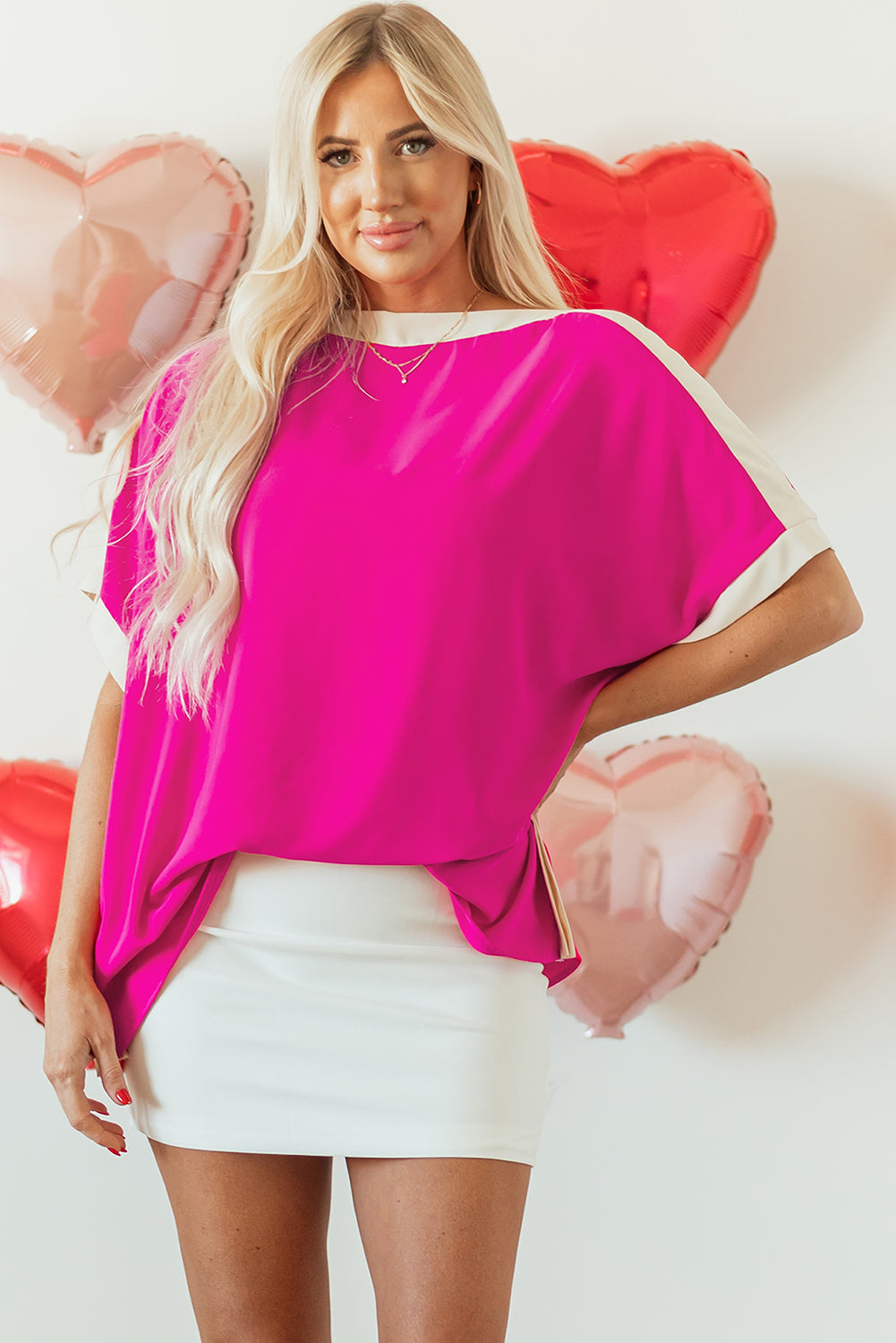 Rose Red Oversized Color Block Boat Neck Tunic Blouse-Tops/Blouses & Shirts-[Adult]-[Female]-Rose Red-S-2022 Online Blue Zone Planet