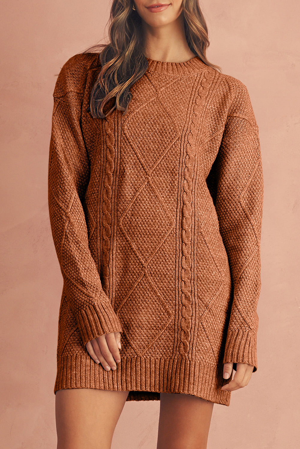 cable knit sweater dresses for women Black Twist Cable Knit Drop Shoulder Loose Fit Sweater Dress