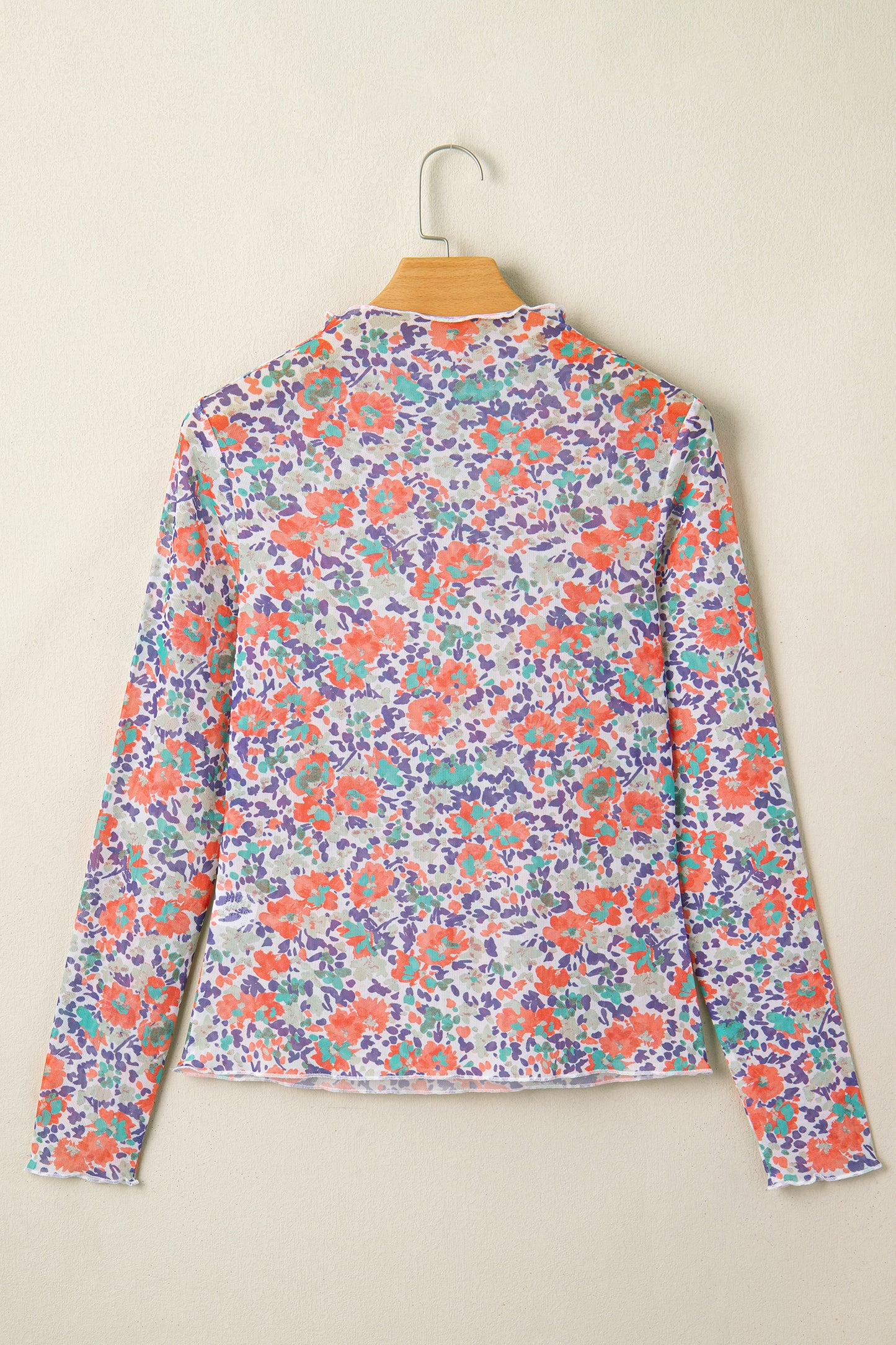 Blue Slim Fit Floral Mesh Long Sleeve Mock Neck Top