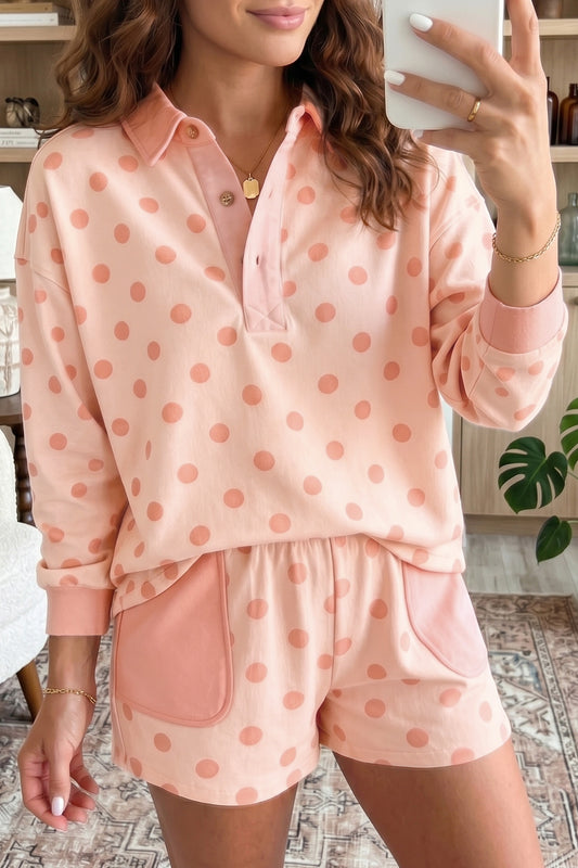 Pink Polka Dot Drop Shoulder Polo Loose Pullover Patch Pocket Casual Shorts Set-Two Piece Sets/Short Sets-[Adult]-[Female]-Pink-S-2022 Online Blue Zone Planet