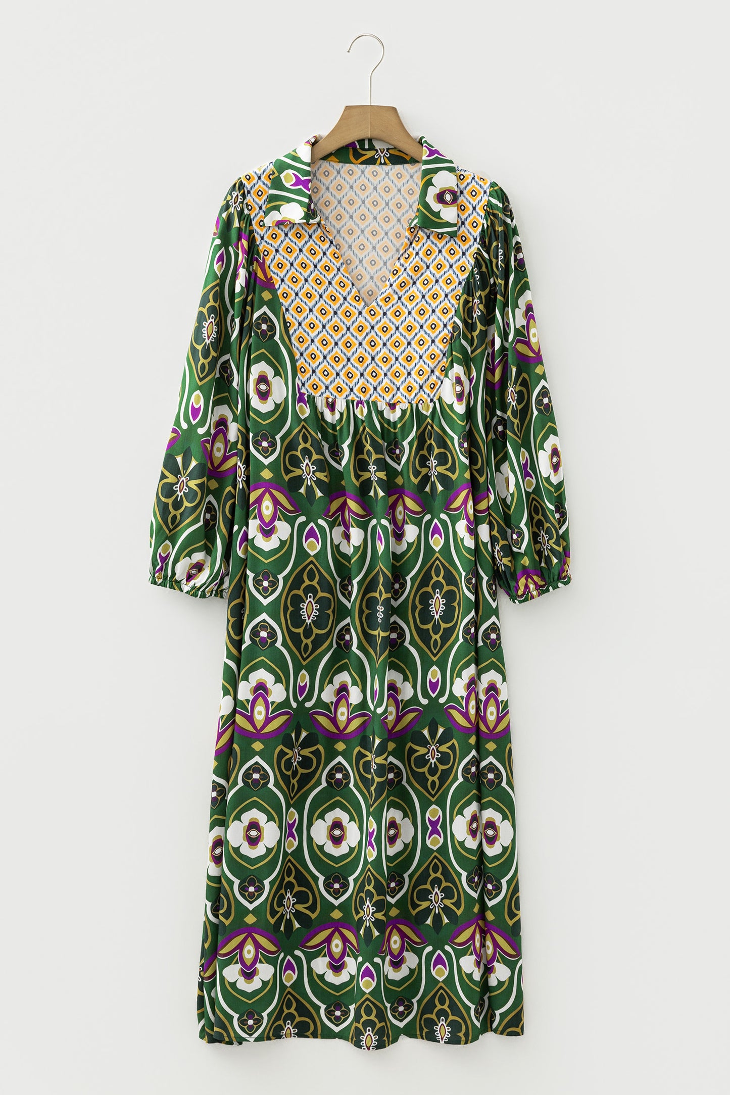 Green Plus Size Mixed Floral Patchwork V Neck Bracelet Sleeve Maxi Dress-TOPS / DRESSES-[Adult]-[Female]-2022 Online Blue Zone Planet