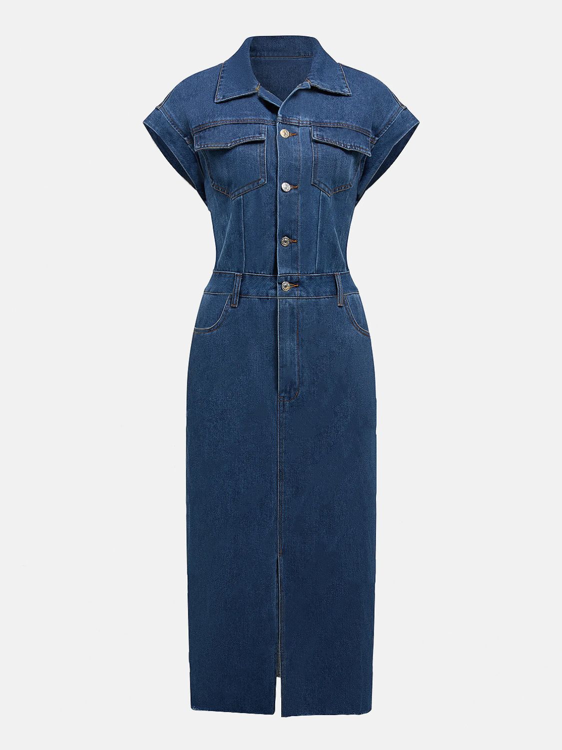 Slit Half Button Collared Neck Cap Sleeve Denim Dress-TOPS / DRESSES-[Adult]-[Female]-2022 Online Blue Zone Planet