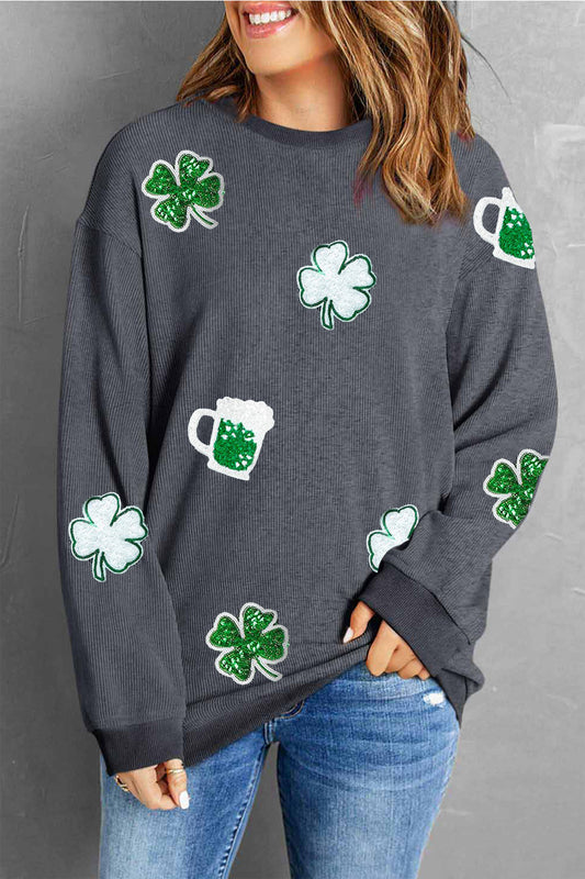 Lucky Clover Beer Sequin Round Neck Sweatshirt-TOPS / DRESSES-[Adult]-[Female]-Dark Gray-S-2022 Online Blue Zone Planet