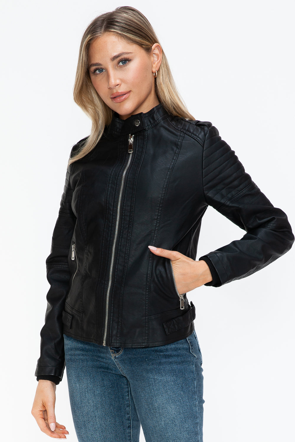 Blue Zone Planet | Snobbish PU Leather Biker Jacket with Side Zip Pockets-TOPS / DRESSES-[Adult]-[Female]-2022 Online Blue Zone Planet