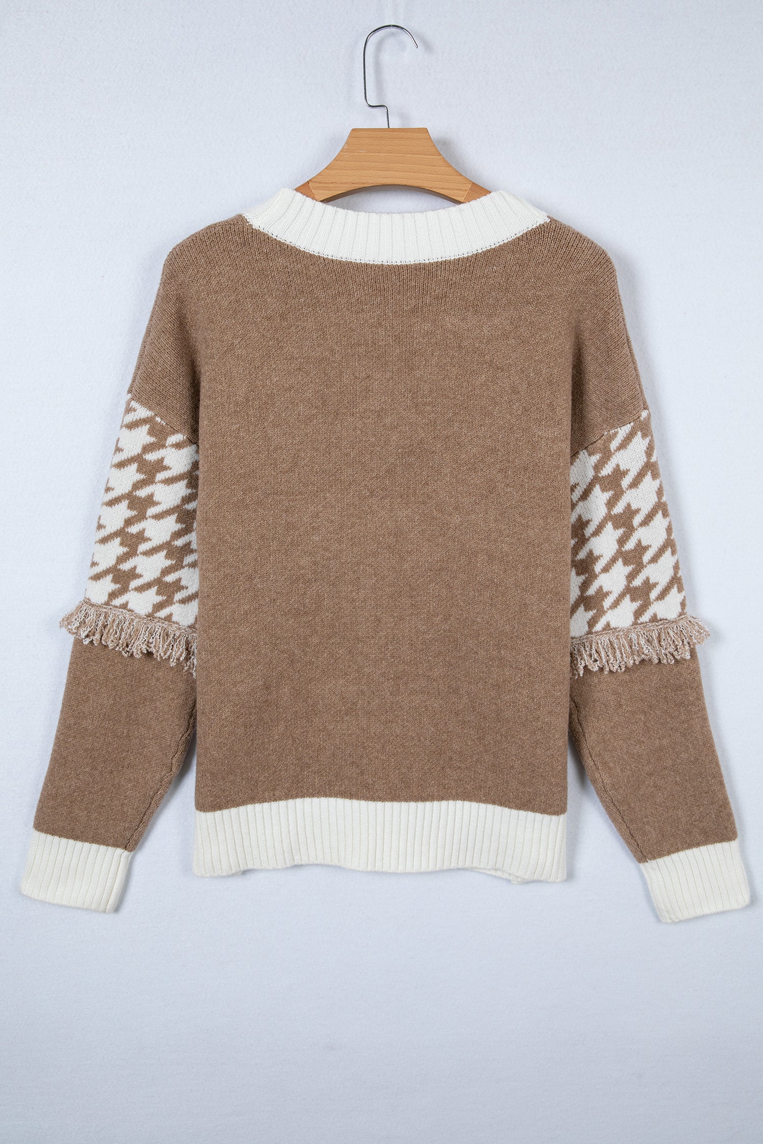 Khaki Houndstooth Color Block V Neck Raw Edge Button Front Cardigan-TOPS / DRESSES-[Adult]-[Female]-2022 Online Blue Zone Planet