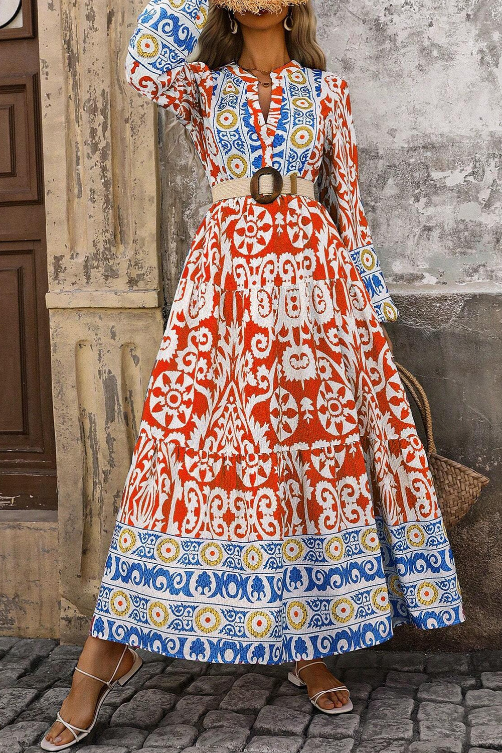 Orange Boho Geometric Printed Long Sleeve Maxi Dress-Dresses/Maxi Dresses-[Adult]-[Female]-2022 Online Blue Zone Planet