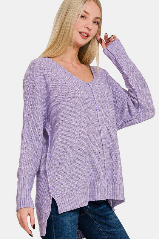 Blue Zone Planet | Zenana High-Low Center Seam V-Neck Sweater-TOPS / DRESSES-[Adult]-[Female]-2022 Online Blue Zone Planet