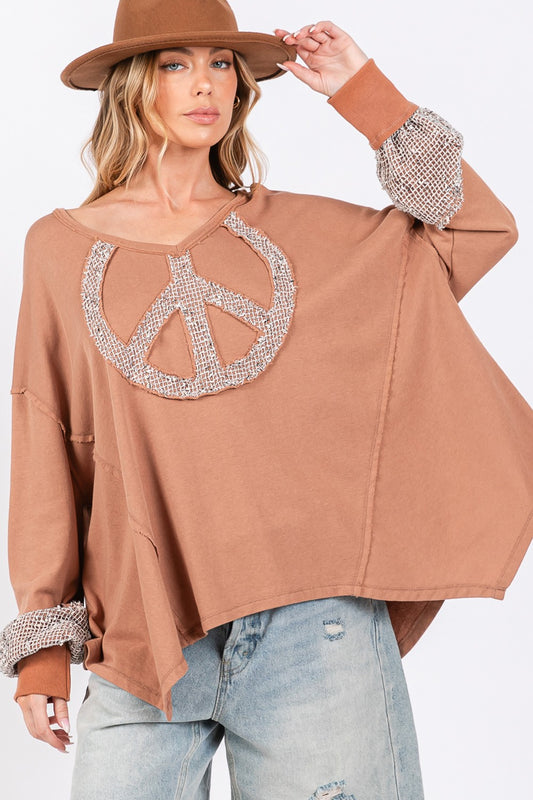 SAGE + FIG Peace Sign Mineral Wash Terry Top-TOPS / DRESSES-[Adult]-[Female]-Camel-S-2022 Online Blue Zone Planet