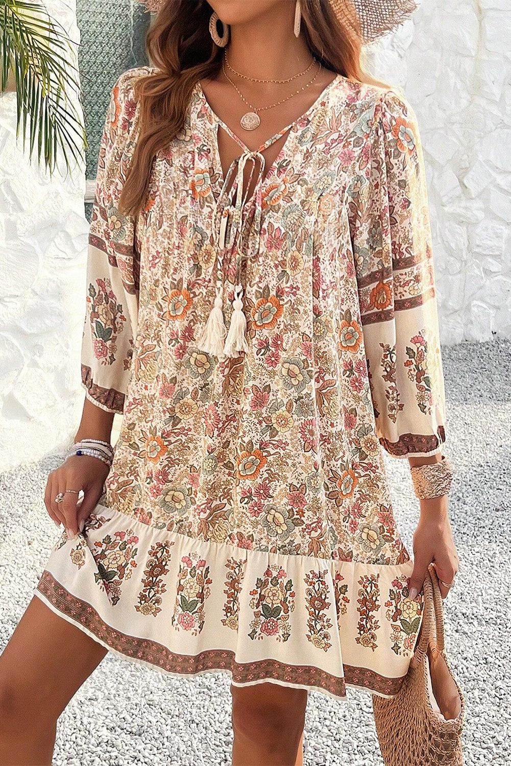 Apricot Floral Print Tassel Drawstring V Neck Loose Mini Dress-Dresses/Floral Dresses-[Adult]-[Female]-2022 Online Blue Zone Planet