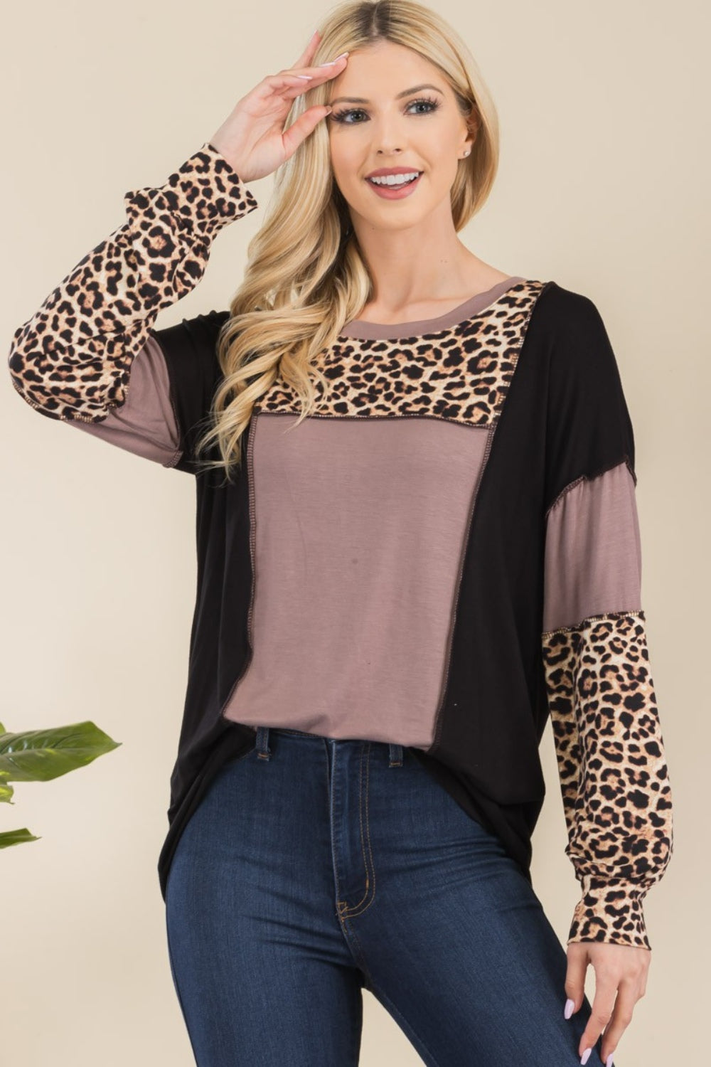 Blue Zone Planet | Celeste Full Size Leopard Color Block Exposed Seam T-Shirt-TOPS / DRESSES-[Adult]-[Female]-2022 Online Blue Zone Planet