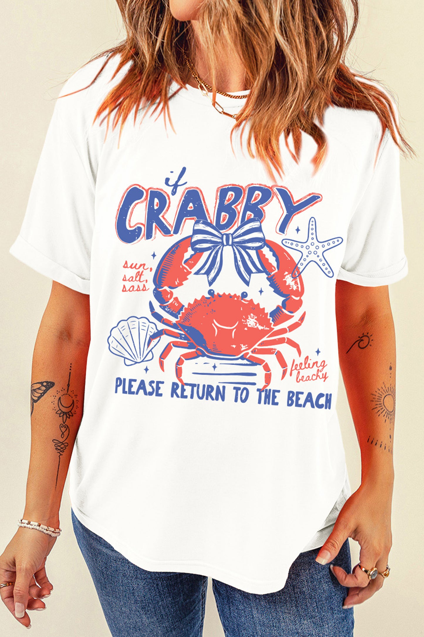White Coquette Crabby Vacation Graphic Tee-Graphic/Graphic Tees-[Adult]-[Female]-2022 Online Blue Zone Planet