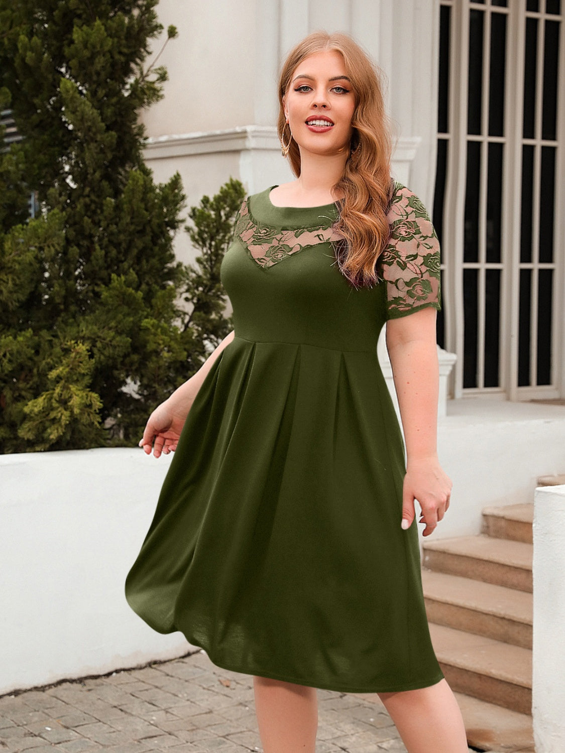 Plus Size Ruched Round Neck Short Sleeve Dress-TOPS / DRESSES-[Adult]-[Female]-2022 Online Blue Zone Planet