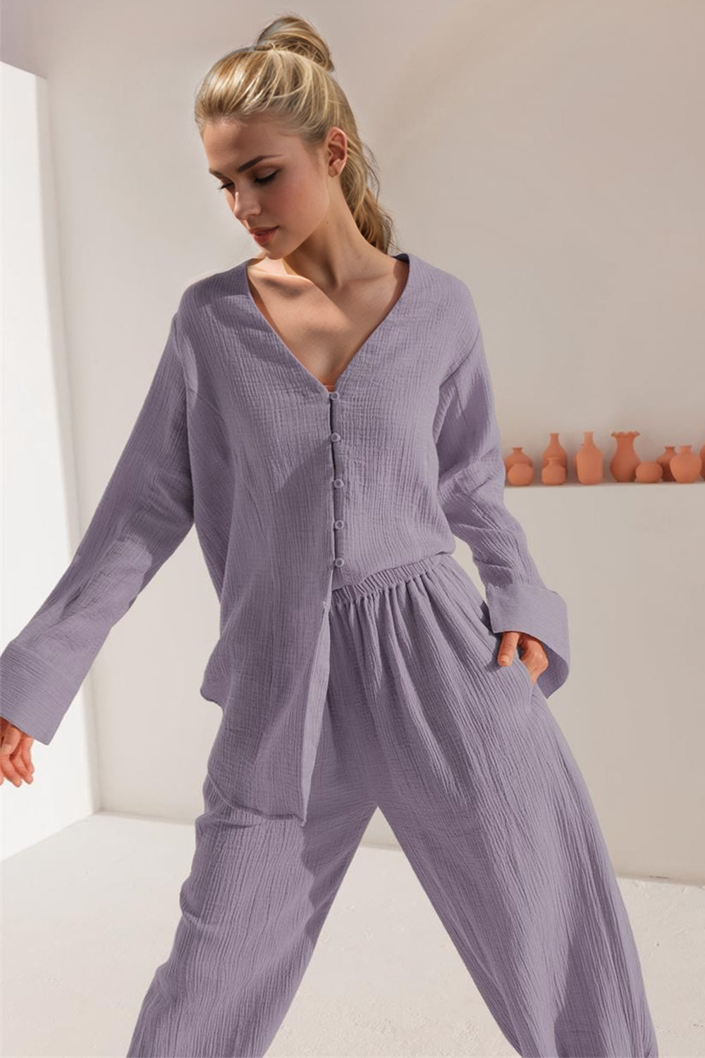 Basic Bae Buttery-Soft V-Neck Long Sleeve Top and Pants Set-TOPS / DRESSES-[Adult]-[Female]-2022 Online Blue Zone Planet