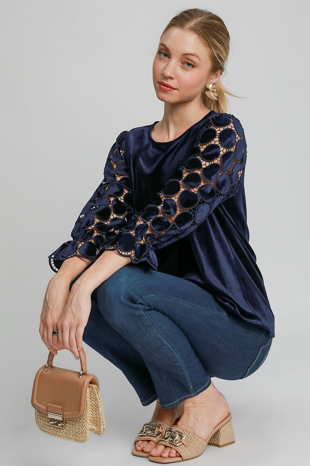 Umgee Polka Dot Lace Long Sleeve Round Neck Blouse-TOPS / DRESSES-[Adult]-[Female]-2022 Online Blue Zone Planet