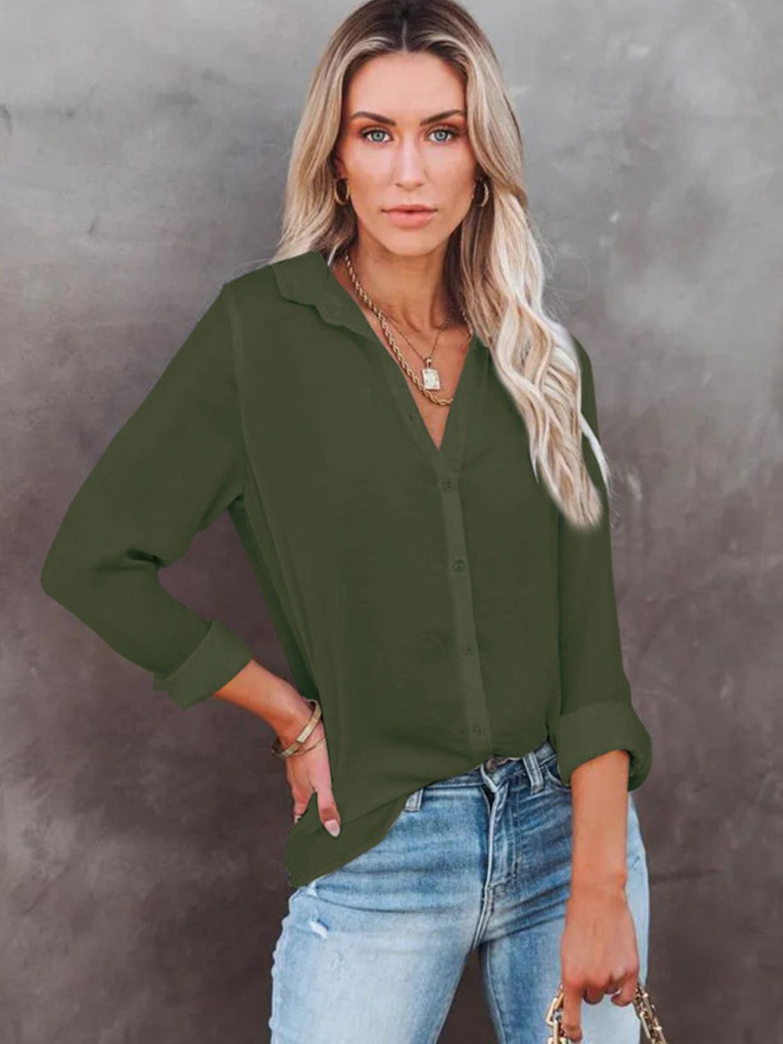 Button Down Collared Neck Long Sleeve Shirt-TOPS / DRESSES-[Adult]-[Female]-Dark Green-S-2022 Online Blue Zone Planet