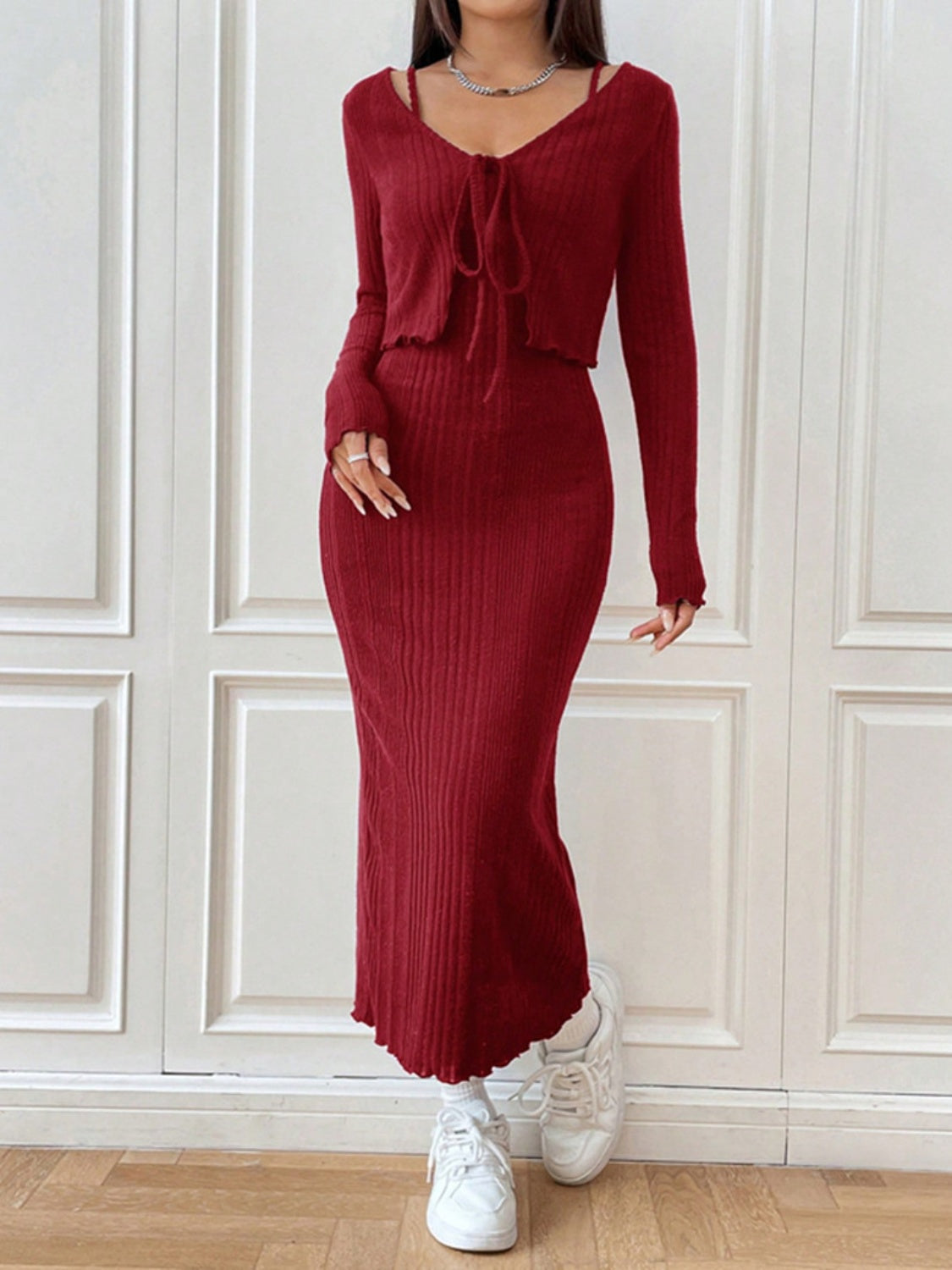 Cami Dress and Tied Long Sleeve Cardigan Set-TOPS / DRESSES-[Adult]-[Female]-Burgundy-S-2022 Online Blue Zone Planet