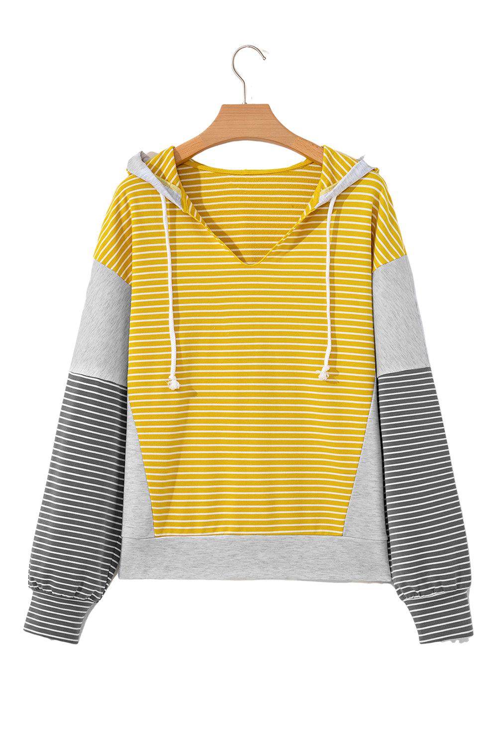 Yellow Stripe Color Block Drawstring V Neck Loose Fit Hooded Top-Tops/Sweatshirts & Hoodies-[Adult]-[Female]-2022 Online Blue Zone Planet
