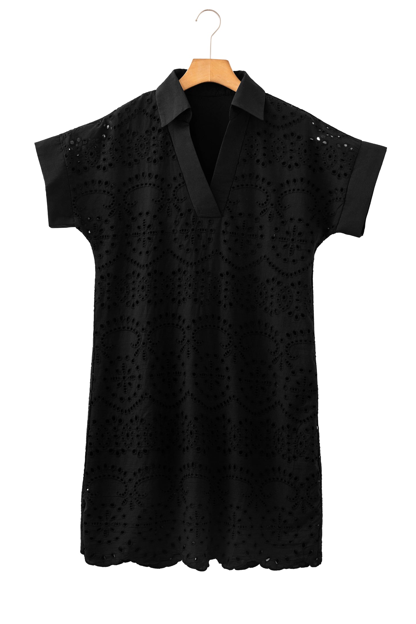 Dark Blue Solid Color Eyelet Embroidered T Shirt Mini Dress-TOPS / DRESSES-[Adult]-[Female]-2022 Online Blue Zone Planet