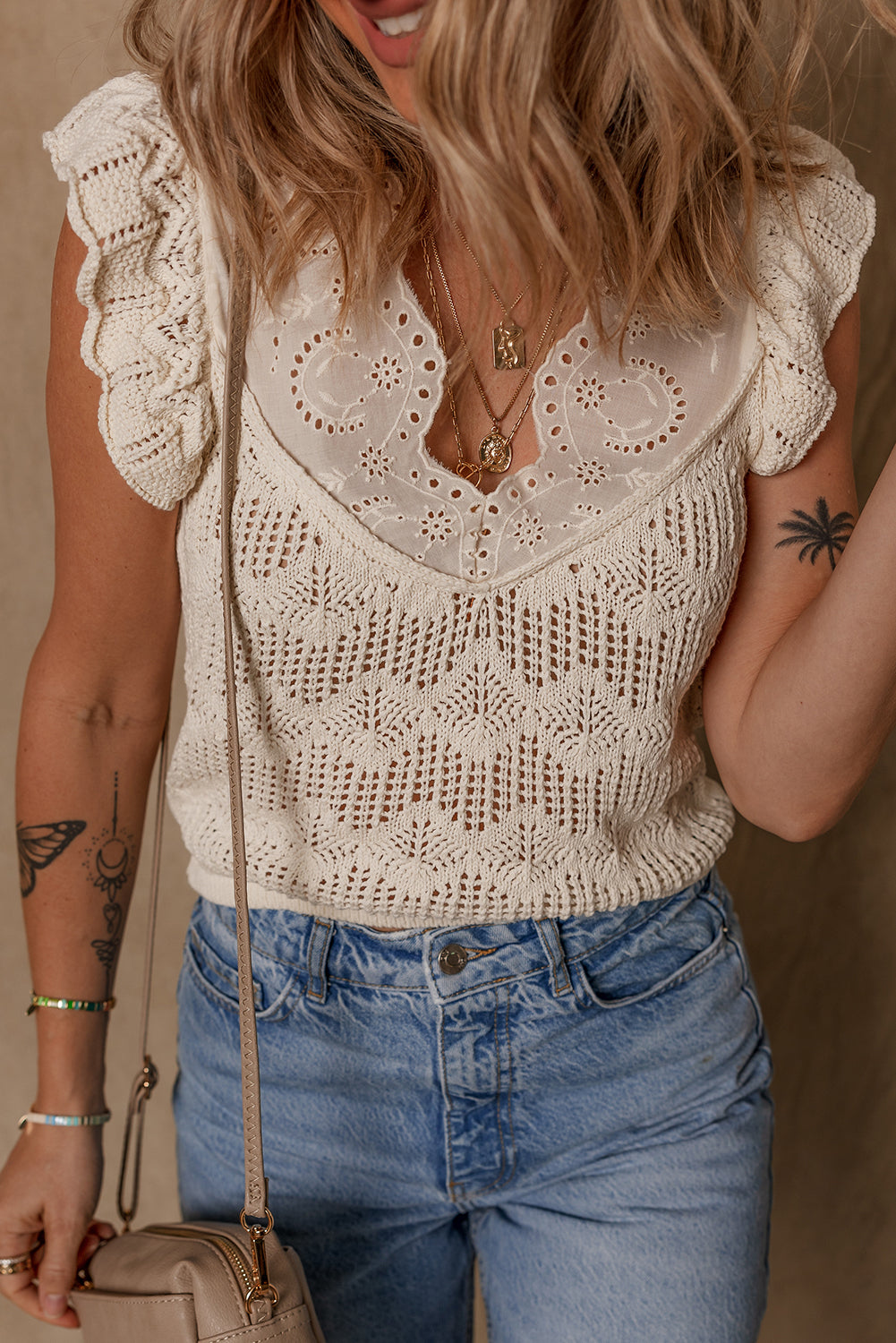Beige Embroidered Patchwork Hollow Out Knitted Ruffle Sweater Vest-TOPS / DRESSES-[Adult]-[Female]-2022 Online Blue Zone Planet
