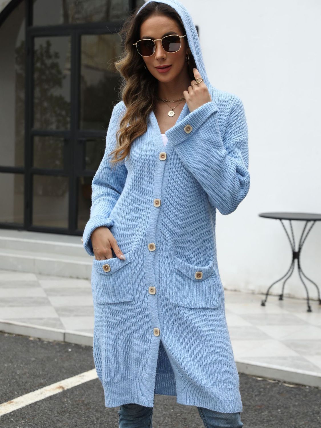 Pocketed Button Up Long Sleeve Hooded Cardigan-TOPS / DRESSES-[Adult]-[Female]-2022 Online Blue Zone Planet