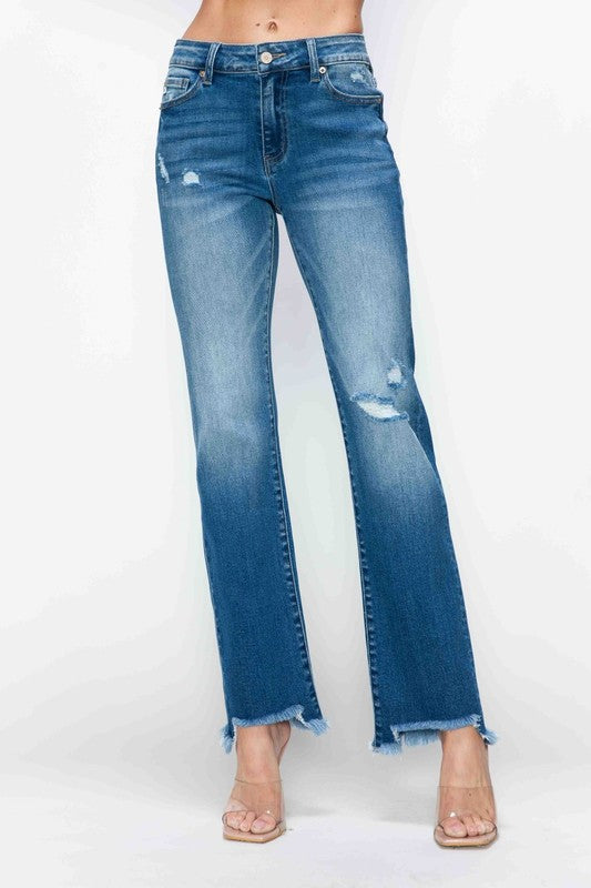 Blue Zone Planet | bytos Full Size Raw Hem Distressed Mid Rise Straight Jeans-BOTTOMS SIZES SMALL MEDIUM LARGE-[Adult]-[Female]-Medium-1(25)-2022 Online Blue Zone Planet