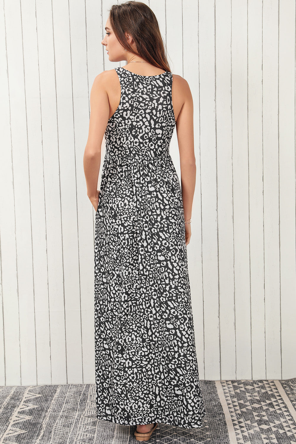 Blue Zone Planet | Gray Leopard Print Pocketed Sleeveless Maxi Dress-TOPS / DRESSES-[Adult]-[Female]-2022 Online Blue Zone Planet