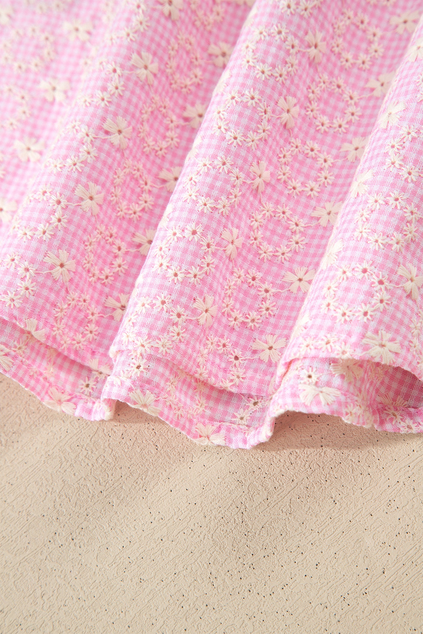 Pink Eyelet Embroidered Flower Texture Contrast Lace Trim Flutter Sleeve Blouse-Tops/Blouses & Shirts-[Adult]-[Female]-2022 Online Blue Zone Planet
