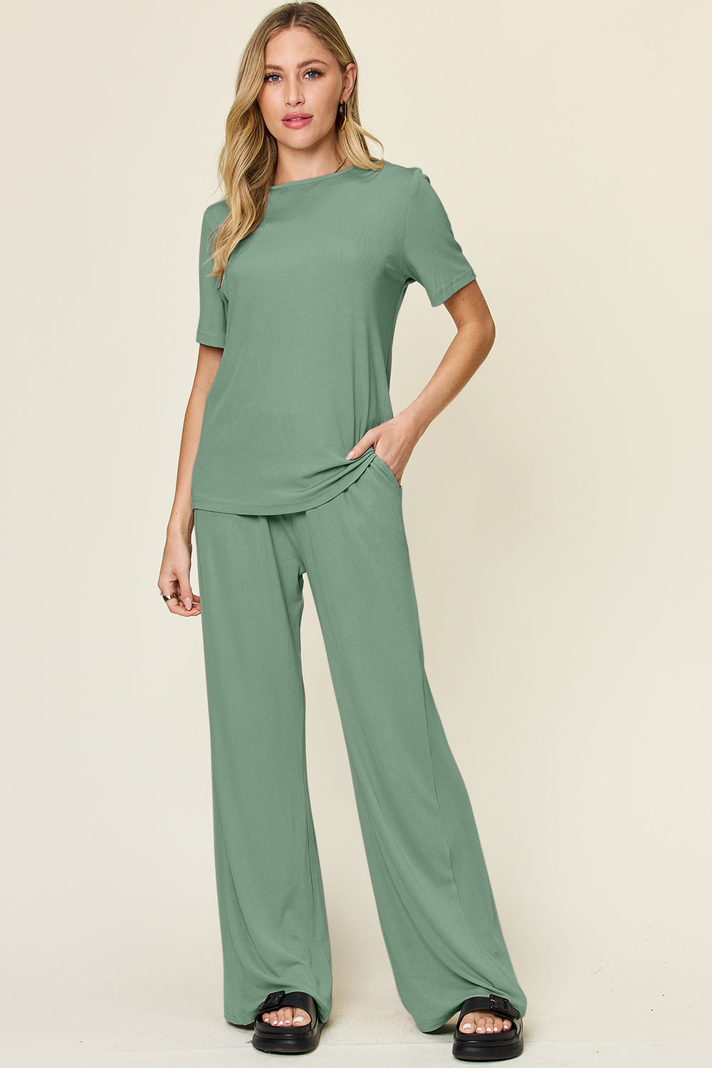 Double Take Full Size Round Neck Short Sleeve T-Shirt and Wide Leg Pants Set-TOPS / DRESSES-[Adult]-[Female]-Light Green-S-2022 Online Blue Zone Planet