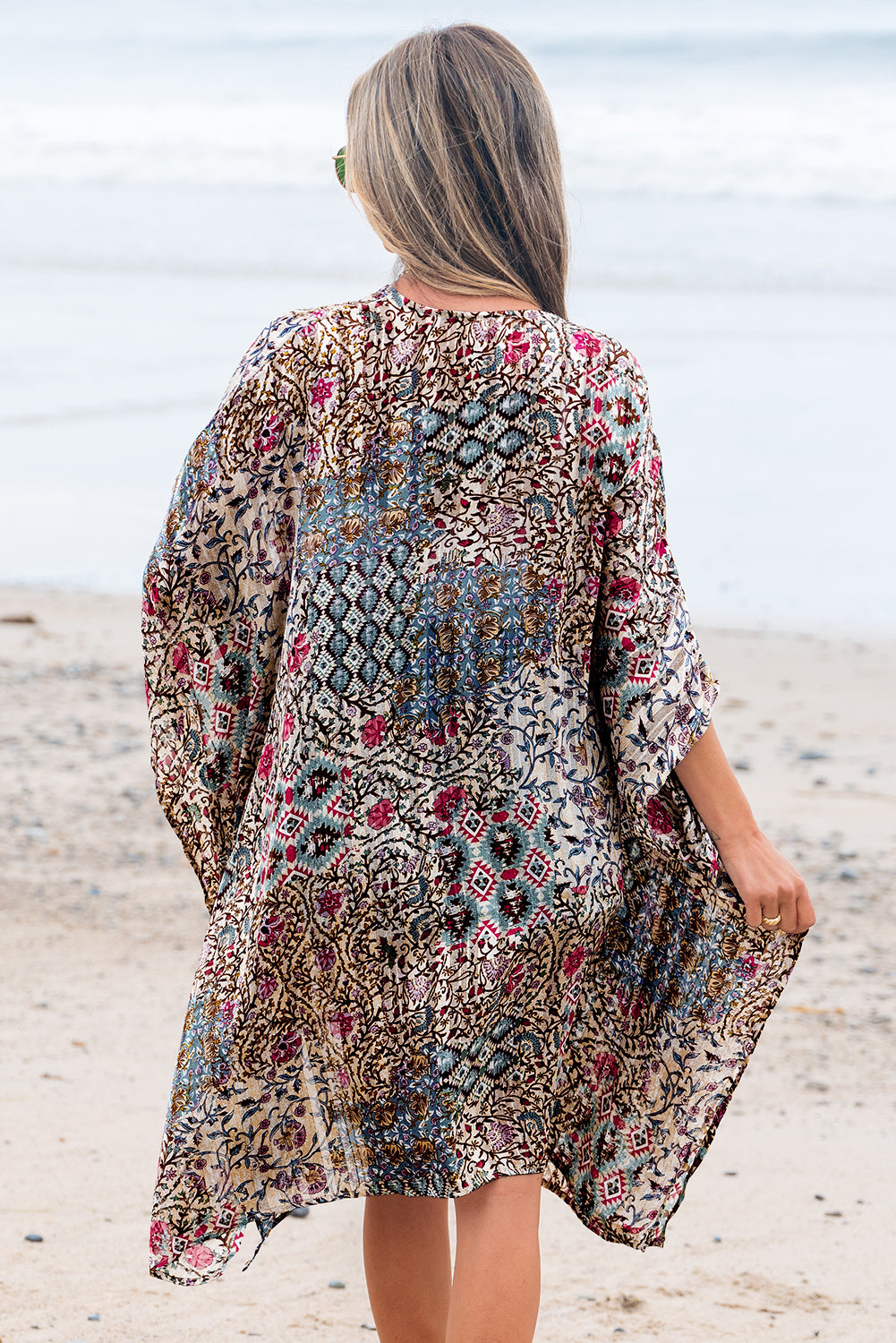 Apricot Floral Print Short Wide Sleeve Open Front Loose Kimono-Outerwear/Kimonos-[Adult]-[Female]-2022 Online Blue Zone Planet
