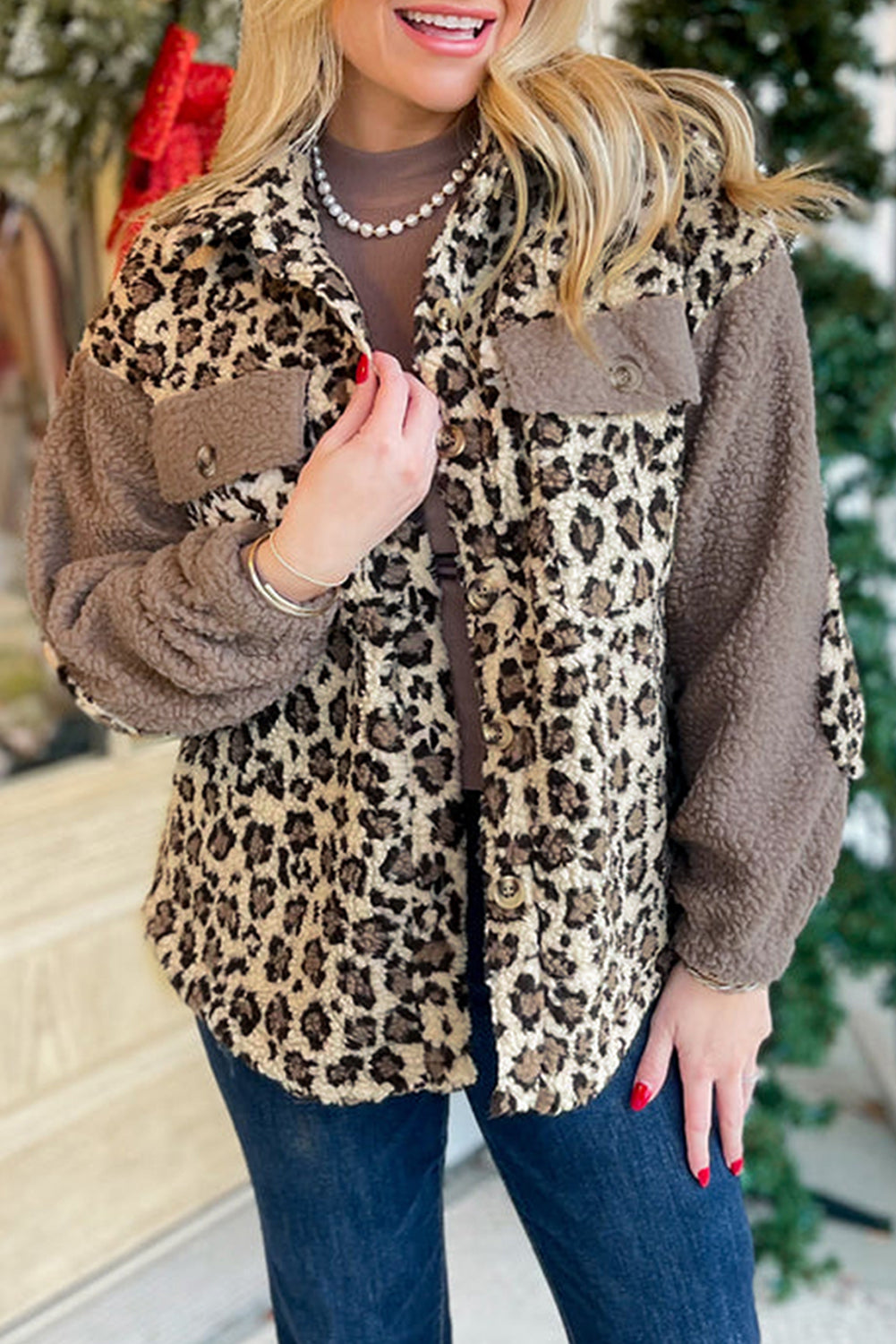 Brown Sherpa Leopard Print Flap Pocket Collared Button Up Jacket-Outerwear/Jackets-[Adult]-[Female]-Brown-S-2022 Online Blue Zone Planet
