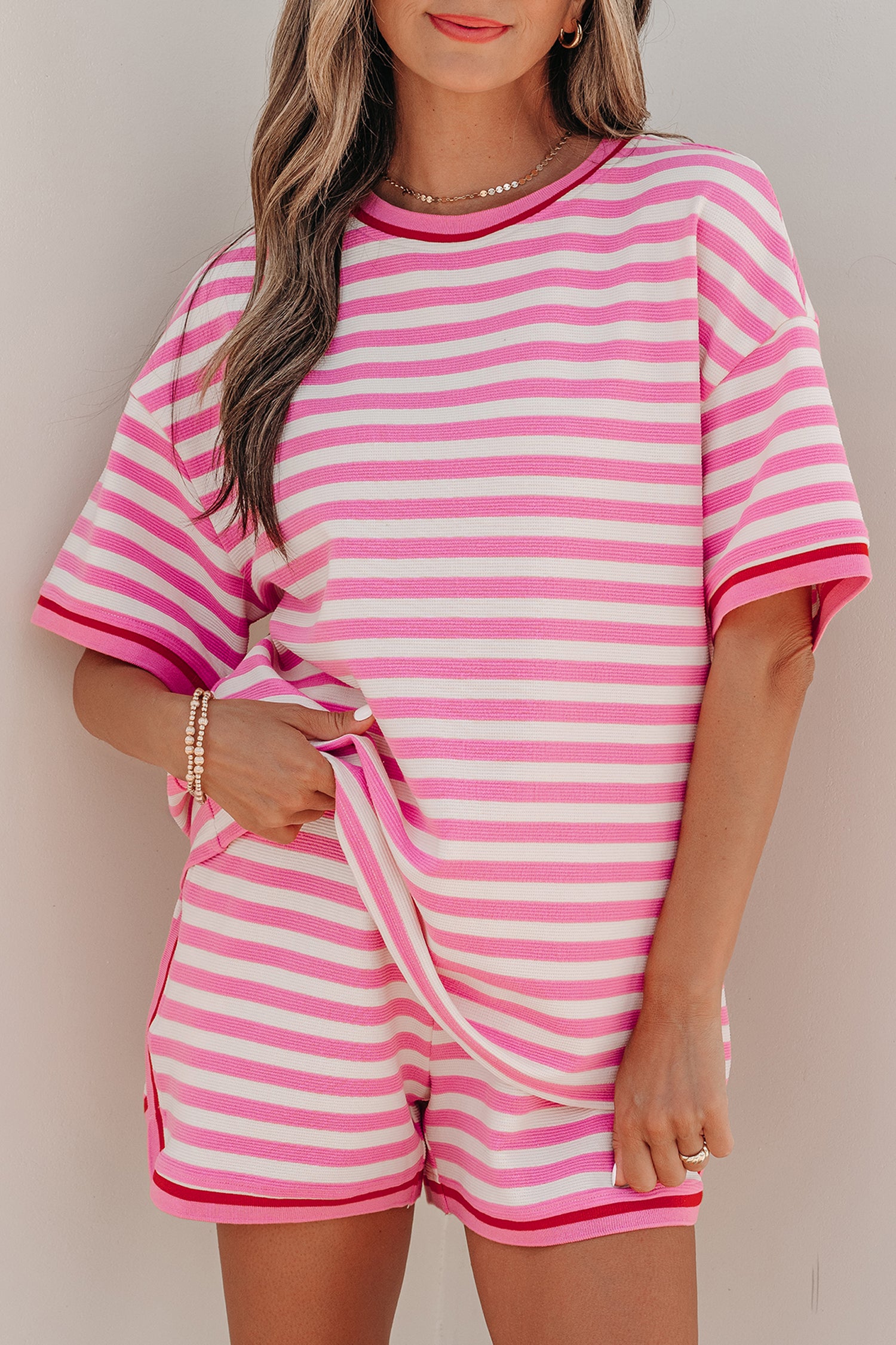 Pink Stripe Contrast Trim Short Sleeve Top Loose Shorts 2pcs Casual Outfit-Two Piece Sets/Short Sets-[Adult]-[Female]-2022 Online Blue Zone Planet