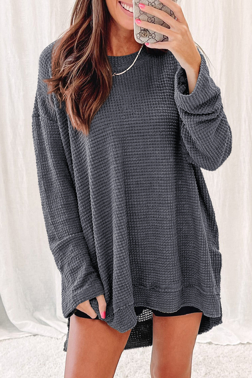 Black Waffle Knit High Slits Oversized Top-Tops/Long Sleeve Tops-[Adult]-[Female]-Gray-S-2022 Online Blue Zone Planet