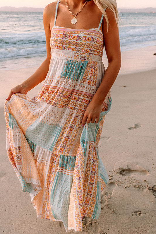 Anna's Multicolor Boho Patchwork Print Square Neck Sundress Blue Zone Planet