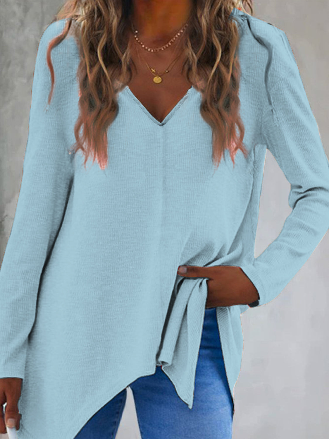 Full Size V-Neck Long Sleeve T-Shirt-TOPS / DRESSES-[Adult]-[Female]-Pastel Blue-S-2022 Online Blue Zone Planet