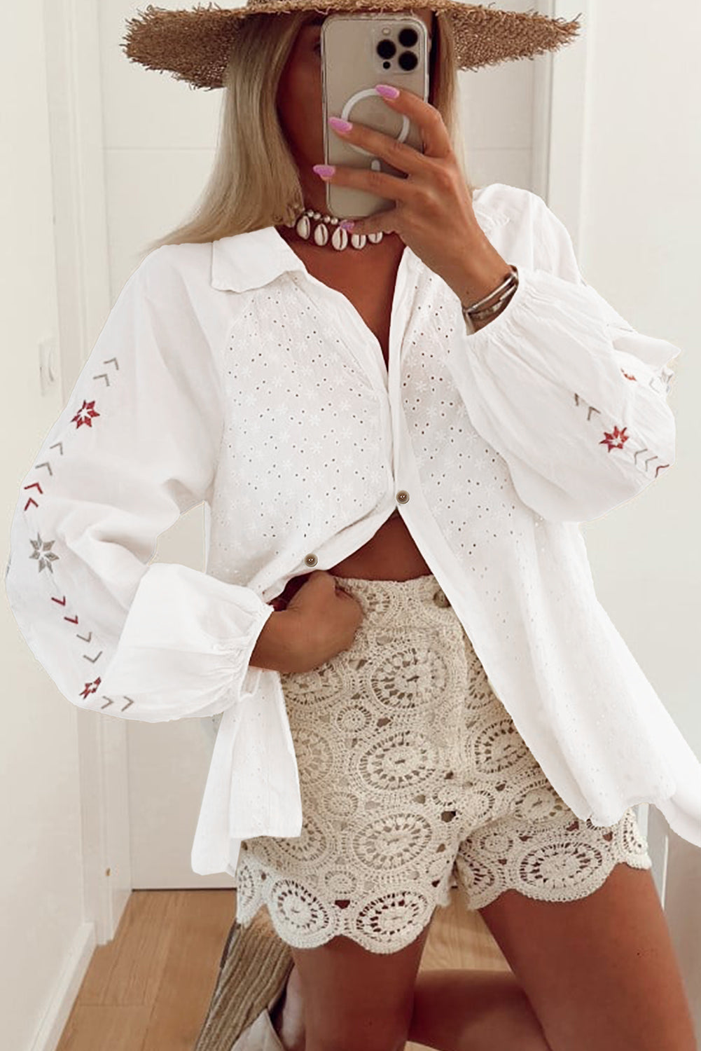 White Floral Embroidered Puff Sleeve Eyelet Patchwork Shirt-Tops/Blouses & Shirts-[Adult]-[Female]-2022 Online Blue Zone Planet