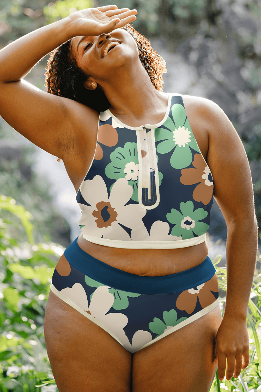 Green Floral Print Zipped Plus Size Two Pieces Bikini-Bikini Sets-[Adult]-[Female]-2022 Online Blue Zone Planet