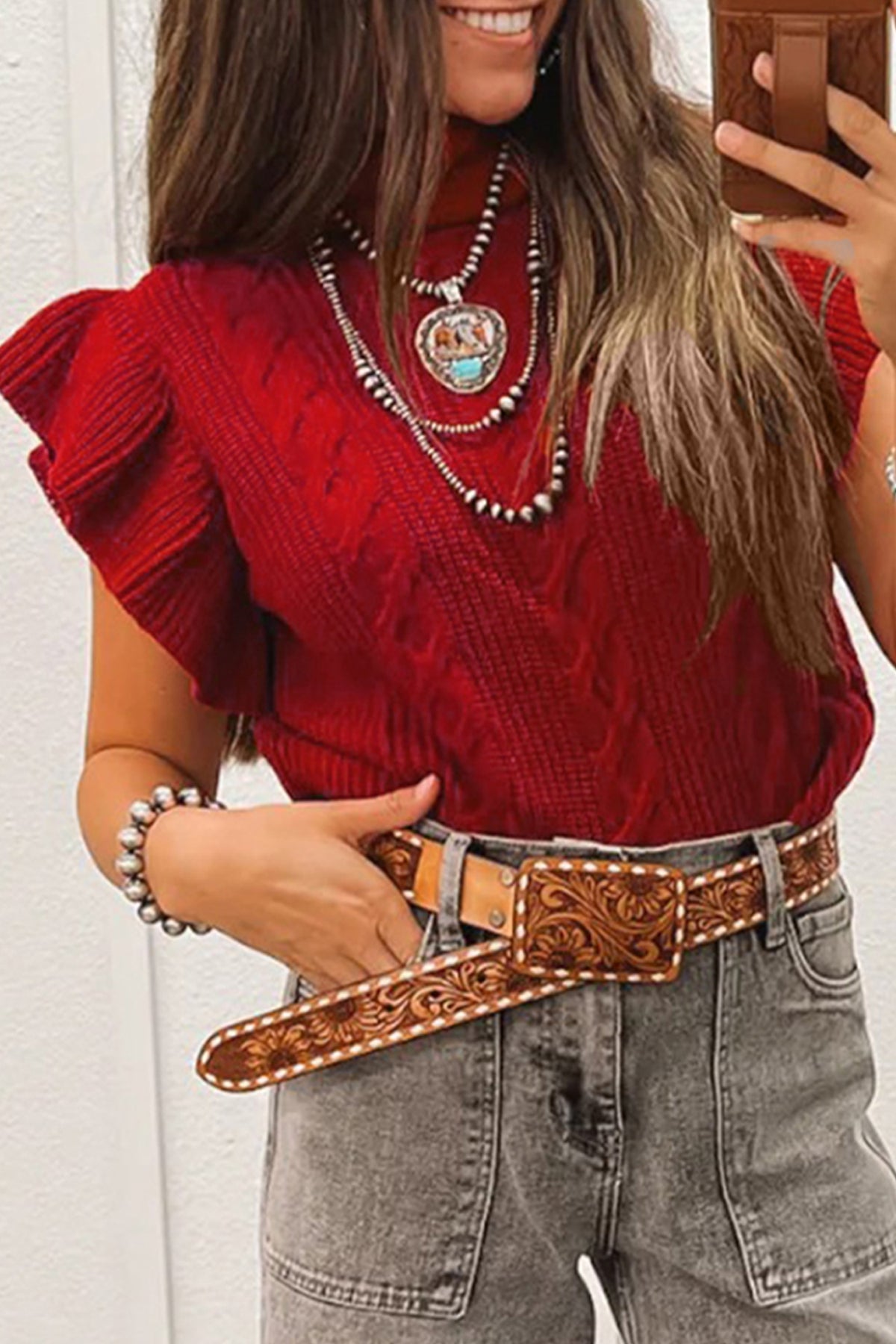 Jet Stream Cable Knit Turtleneck Ruffled Short Sleeve Sweater-Sweaters & Cardigans/Short Sleeve Sweaters-[Adult]-[Female]-Tomato Red-S-2022 Online Blue Zone Planet