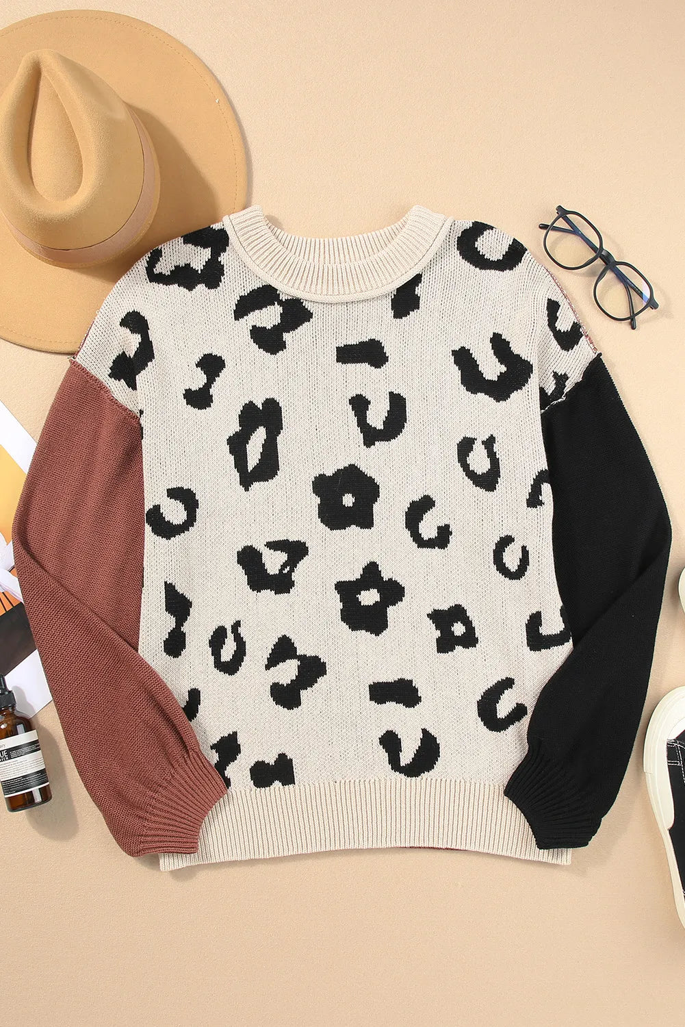 Leopard Round Neck Long Sleeve Sweater-TOPS / DRESSES-[Adult]-[Female]-2022 Online Blue Zone Planet