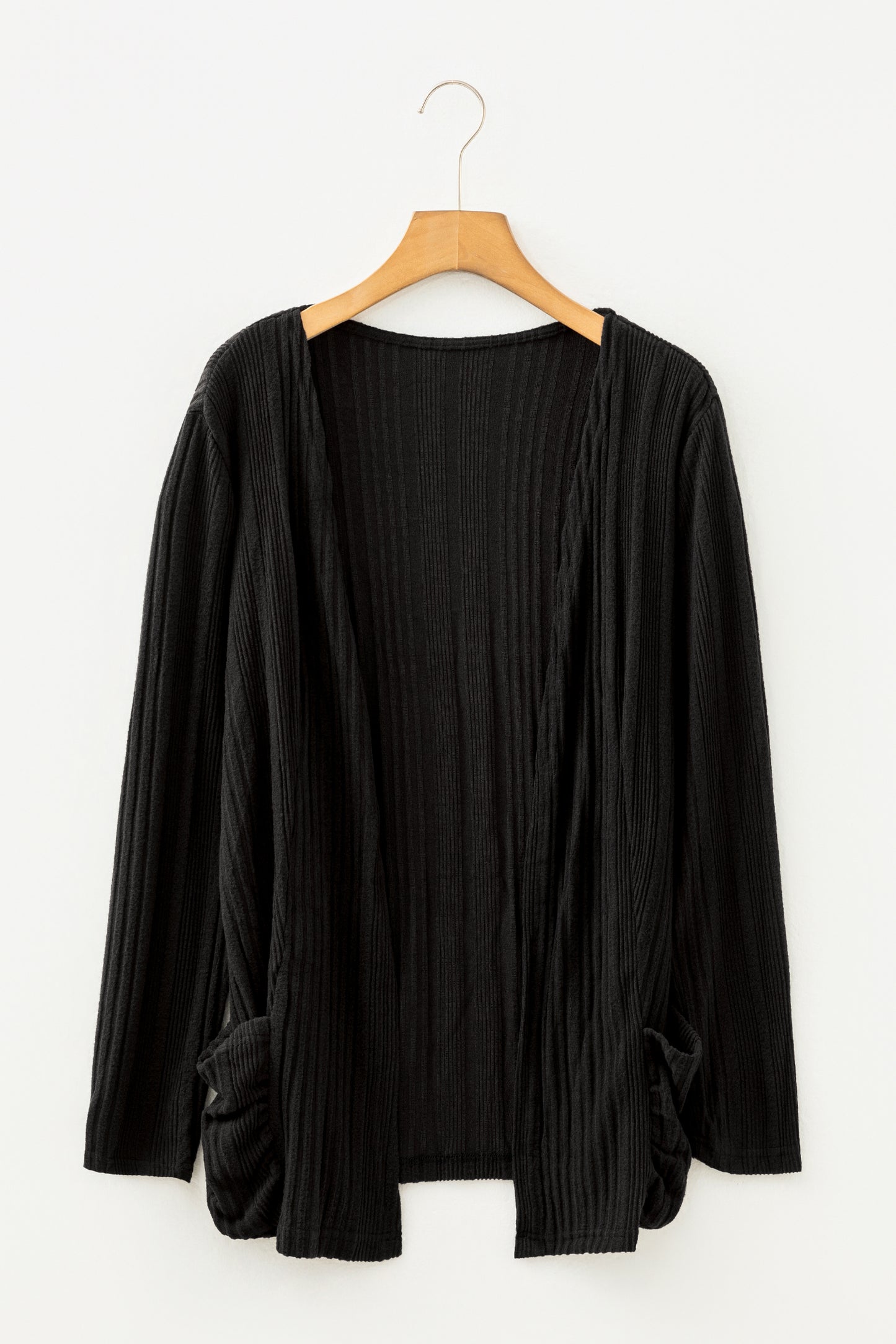 Black Ribbed Open Front Knitted Top With Pockets-Sweaters & Cardigans/Cardigans-[Adult]-[Female]-2022 Online Blue Zone Planet