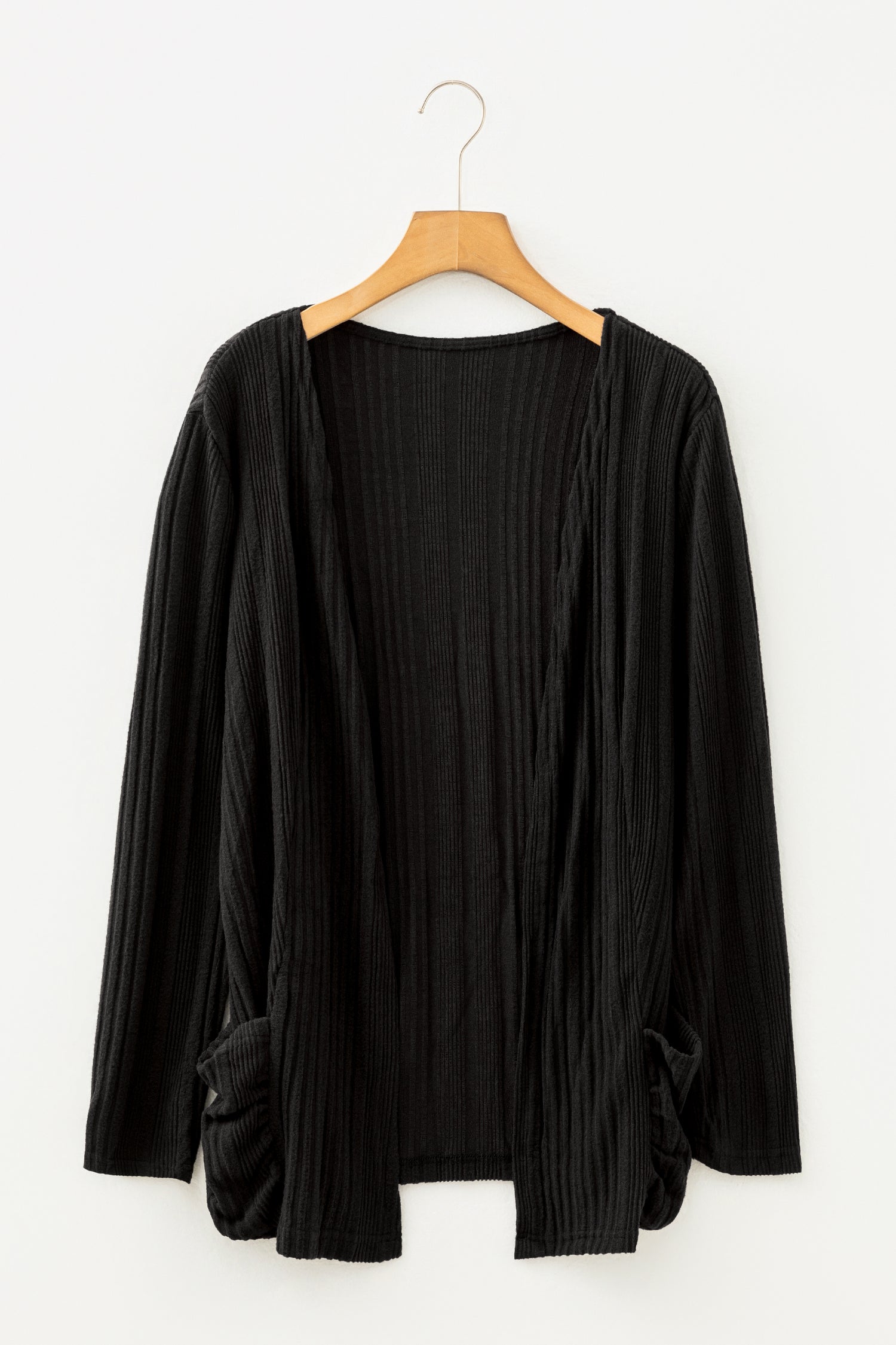 Black Ribbed Open Front Knitted Top With Pockets-Sweaters & Cardigans/Cardigans-[Adult]-[Female]-2022 Online Blue Zone Planet